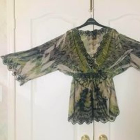 Susan Lawrence green Boho sheer top with bell sleeves Size XL - Picture 1 of 1